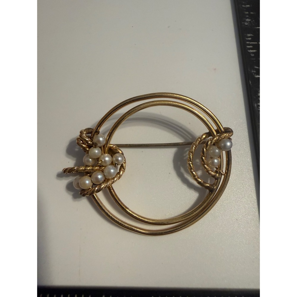 Hayward 1/20 12K Gold Filled Faux Pearl Double Circle Brooch Pin Vintage
